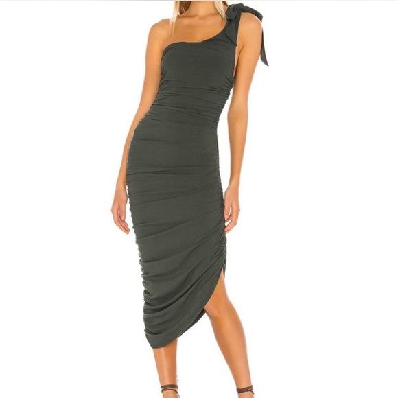 MAJORELLE One-Shoulder Dark Green Dress - Picture 1 of 7